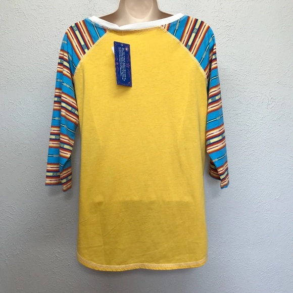Panhandle Top Shirt Womens L Yellow 3/4 Raglan Sleeve Western Desert Sunset Prin - Picture 4 of 9